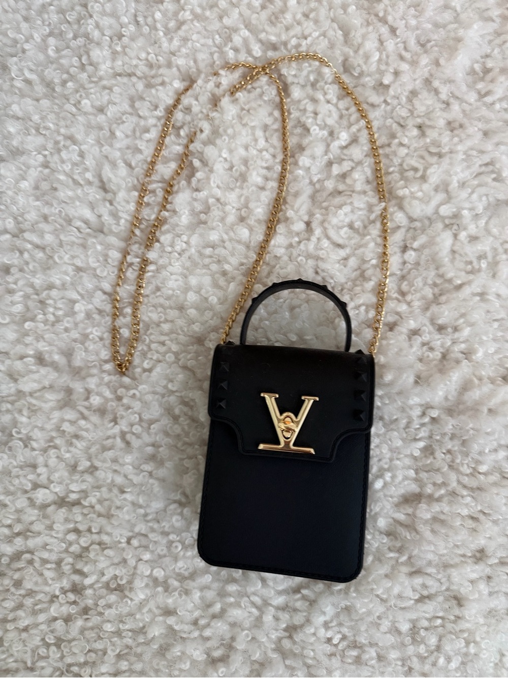 Black Leather Crossbody Phone Bag with Gold Hardware